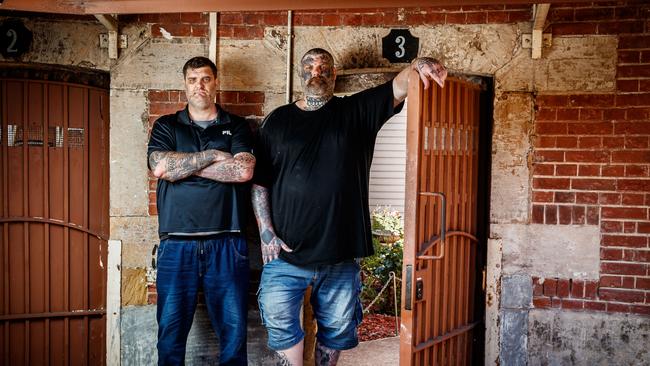 Former Finks MC members Matt and Tyson Ward at the old Adelaide Jail in 2020. Picture Matt Turner.