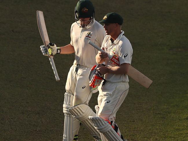 MIRPUR, BANGLADESH - AUGUST 29:  Steve Smith and David Warner of Australia walk off at the end of play during day three of the First Test match between Bangladesh and Australia at Shere Bangla National Stadium on August 29, 2017 in Mirpur, Bangladesh.  (Photo by Robert Cianflone/Getty Images)