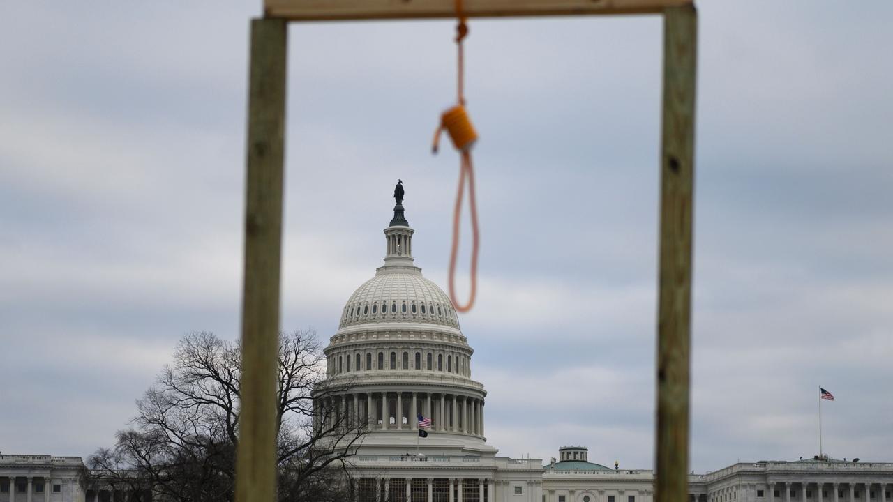 A gallows set up outside the building. Some rioters could be heard chanting “hang Mike Pence”, a reference to Mr Trump’s vice president, who had refused to throw out the election results. Picture: Andrew Caballero-Reynolds/AFP