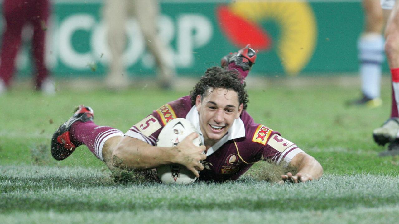 Billy Slater scores a try in his State of Origin debut in 2004. He missed the 2006 and 2007 series’ due to suspension and injury.