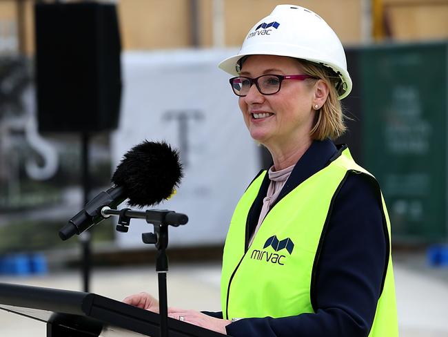 Mirvac Managing Director and CEO, Susan Lloyd-Hurwitz; giving a speech before breaking ground at the next stage of development at Green Square Town Centre despite the recession brought on by COVID-19. Jane Dempster/The Australian.