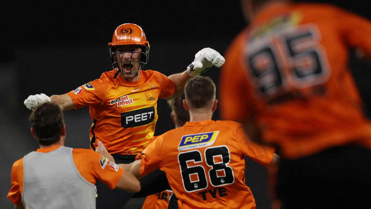 Perth Scorchers' Nick Hobson didn’t hold back in the celebrations. Picture: Trevor Collens