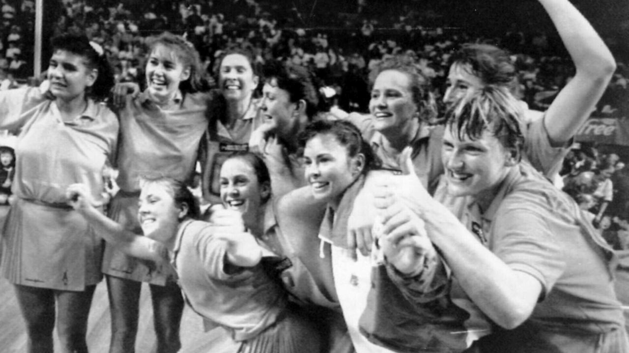 Australian netball team celebrating their win. Netball - Australia vs New Zealand 1991 world championship match.