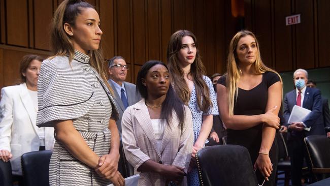 (L-R) Aly Raisman, Simone Biles, McKayla Maroney and Maggie Nichols are standing up for justice. (Photo by Saul Loeb/AFP).