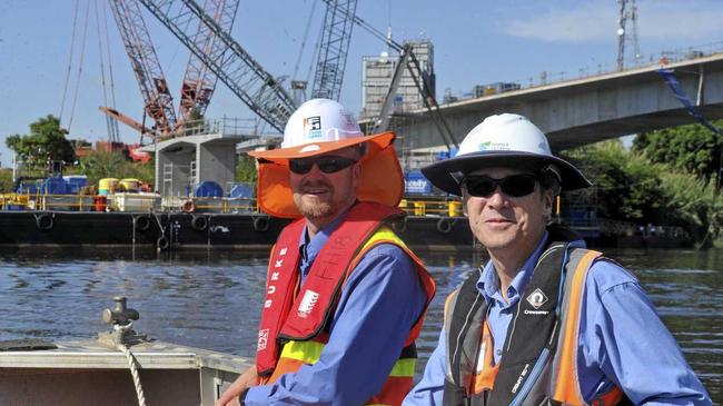 BRIDGE BUILDERS: Aiden Thompson (left) and Greg Nash out at the Grafton bridge project site. Picture: Tim Jarrett