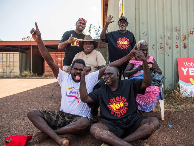 Early voting opened on October 2. Indigenous ‘Yes’ vote supporters celebrate at the Wurrumiyanga polling station on Bathurst Island, the largest community on the Tiwi Islands. Picture: Pema Tamang Pakhrin