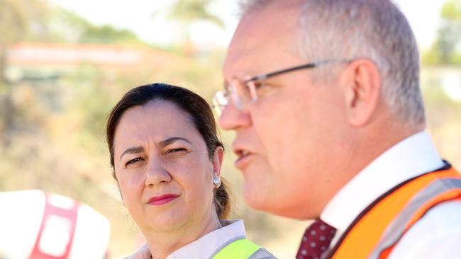 Queensland Premier Annastacia Palaszczuk with Prime Minister Scott Morrison during a visit to a construction site in the suburb of Rochedale in 2019.