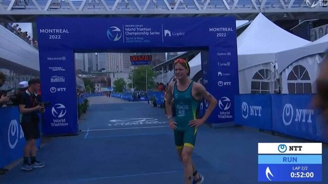 Toby Powers crossing the finish line in his race at the World Triathlon Championships in Montreal. Photo Credit: Hervey Bay Triathlon Club Inc., Facebook.