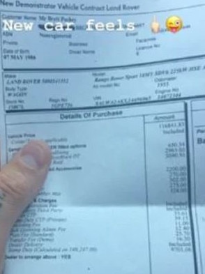 A receipt for a $160,000 Range Rover Sport.
