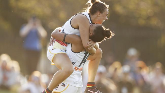 Ebony Marinoff celebrates a goal.