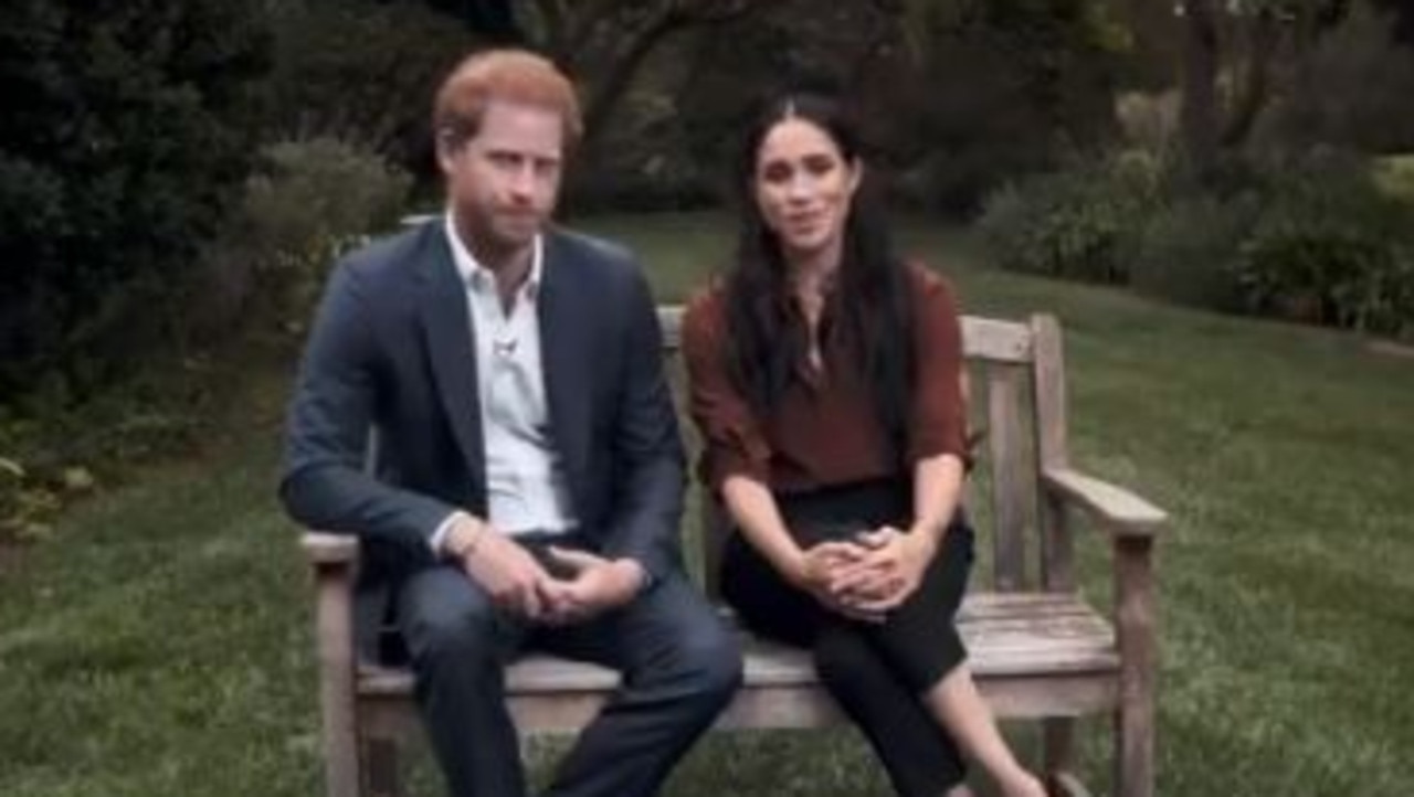 Harry and Meghan's TV appearance, filmed from their Santa Barbara home. Picture: Twitter.