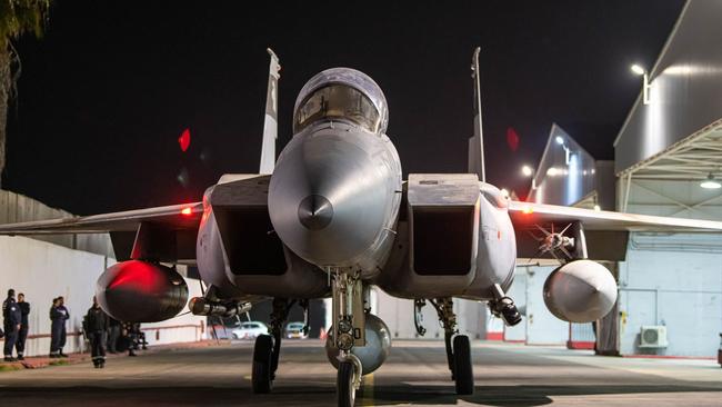 An Israeli fighter jet departing a hangar at an undisclosed location in Israel. Picture: AFP