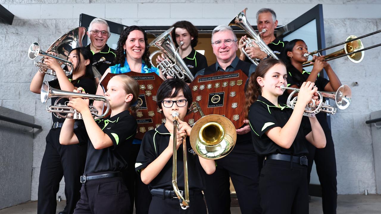 Cairns Brass has sent three of its bands to state competitions in recent weeks, coming back with three first place results. The Cairns Brass B grade band won the New South Wales state competition, before both the C grade and junior band competed in the Queensland competition on won. (back row) Gary George, Jacob Ahern, Greg Martin, (middle row) Lara Oya, junior band conductor Julia Christo, musical director Jon Christo, Jaine Chandra, (front row) Carmel Hall, Lyle Oya and Rebecca Cochi are pleased with the results from the recent state competitions. Picture: Brendan Radke