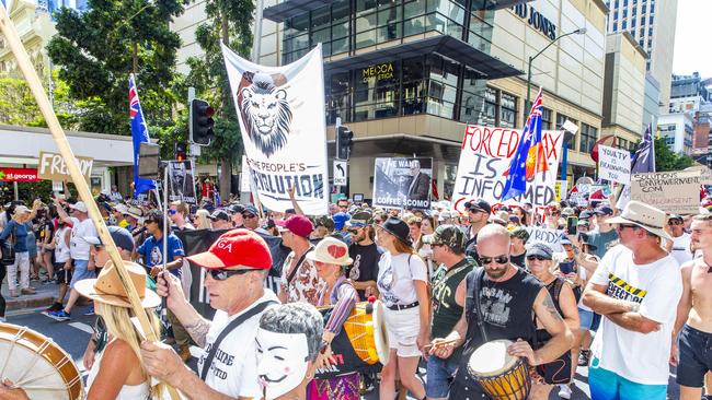 The Freedom Rally in the Brisbane CBD on Saturday. Picture: Richard Walker