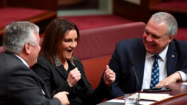 Centre Alliance senators Rex Patrick and Stirling Griff with Senator Jacqui Lambie in the Senate on Tuesday. Picture: AAP / Sam Mooy