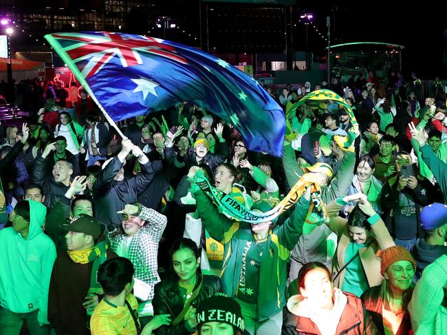 SYDNEY, AUSTRALIA - AUGUST 07: Fans At Sydney's FIFA Fan Site watch the Matildas FIFA World Cup game on August 07, 2023 in Sydney, Australia. (Photo by Roni Bintang/Getty Images)