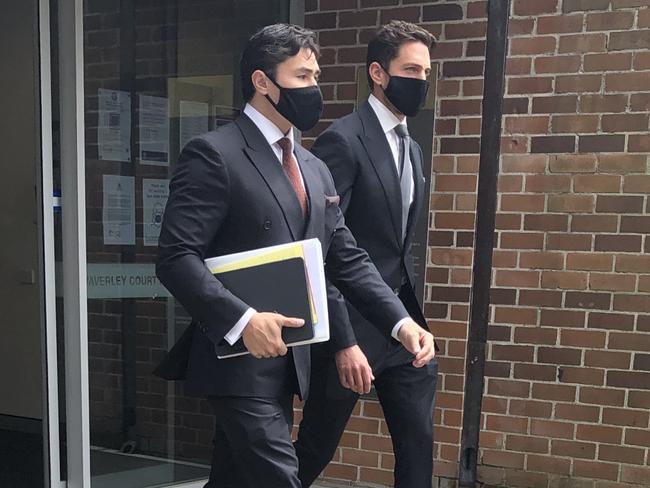 Lawyer Bryan Wrench (left) leaves Waverley Local Court with his client Warren Marc Ginsberg.