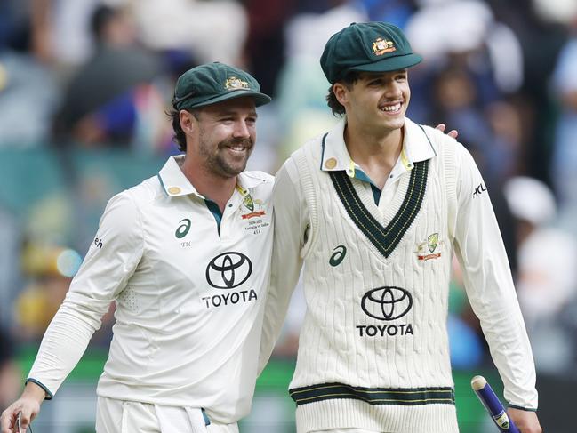 NCA. MELBOURNE, AUSTRALIA. 30th December 2024.  Day 5 of the Boxing Day Test match at the MCG .   Debutant Sam Konstas gets a stump off Travis Head after todays conclusion   .  Picture: Michael Klein