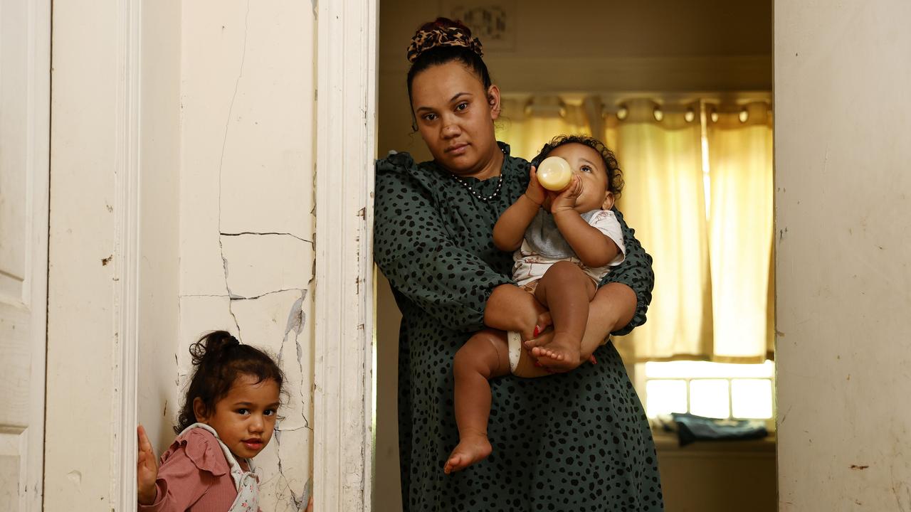 Herbriella George with her 11-month-old son Mautara Ngauma and daughter Armani George, 3, at her rental home in Hurstville. Picture: Jonathan Ng