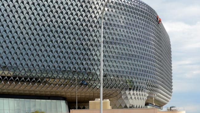 Window cleaner abseil down the side of the SAHMRI building.