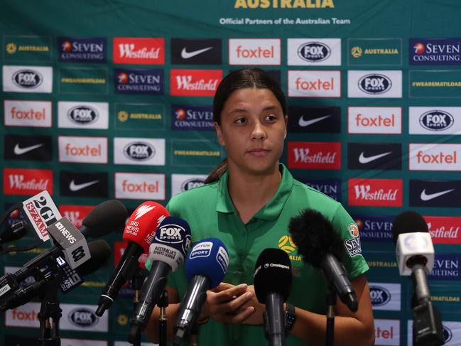 Matildas captain Sam Kerr answered questions at a press conference ahead of the Olympics qualifiers. Picture: Brett Costello