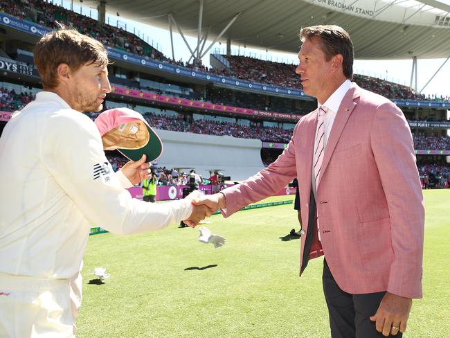 England’s Joe Root presents his Pink Test Cap to Glenn McGrath. Picture: Ryan Pierse/Getty Images