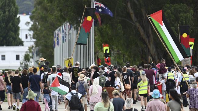 Indigenous rights and pro-­Palestinian activists descend on Parliament House in Canberra. Picture: NCA NewsWire/Martin Ollman