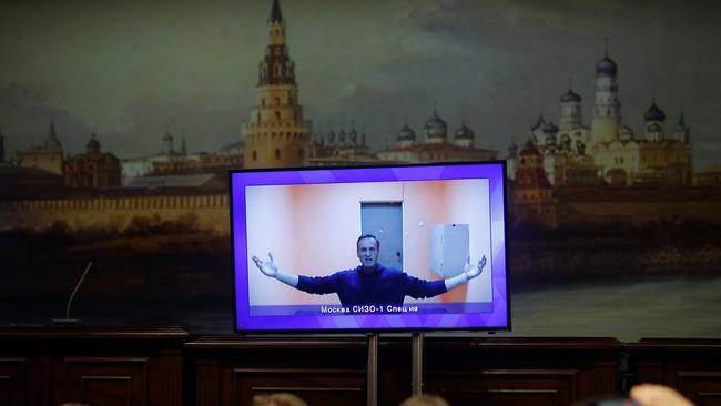 Alexei Navalny beamed to court on Thursday from Moscow’s Matrosskaya Tishina detention centre. Picture: Reuters