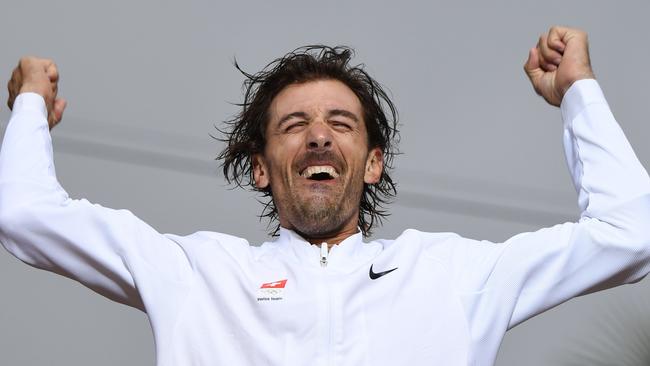 Gold medallist Switzerland's Fabian Cancellara celebrates on the podium after the Men's Individual Time Trial event at the Rio 2016 Olympic Games. Picture: AFP PHOTO/Eric Feferberg.