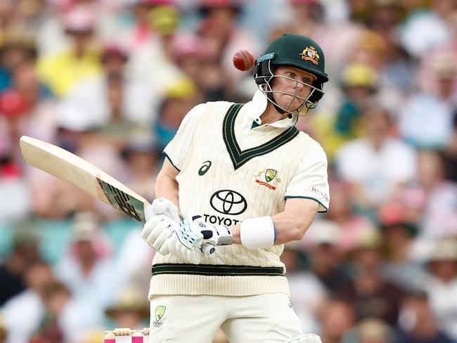 SYDNEY, AUSTRALIA - JANUARY 04: Steve Smith of Australia avoids a delivery during day two of the Men's Third Test Match in the series between Australia and Pakistan at Sydney Cricket Ground on January 04, 2024 in Sydney, Australia. (Photo by Darrian Traynor/Getty Images)