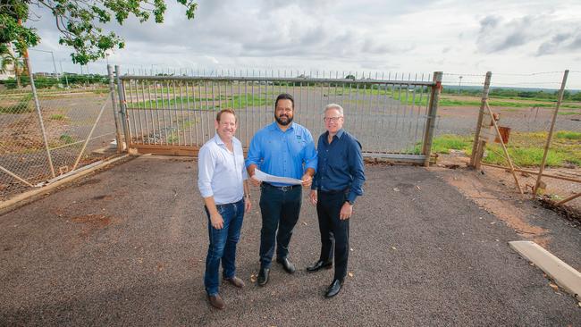 Stuart Totham, Nigel Browne and Sean Bowden at the proposed Stadium site on McMinn St. Picture: GLENN CAMPBELL