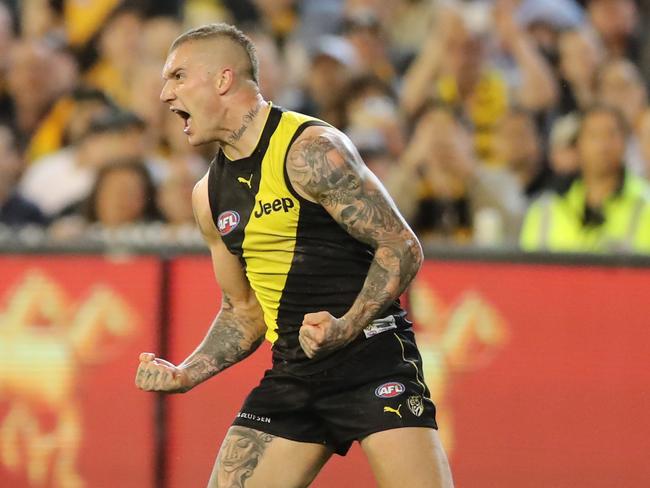 Dustin Martin celebrates a goal. Picture: Alex Coppel