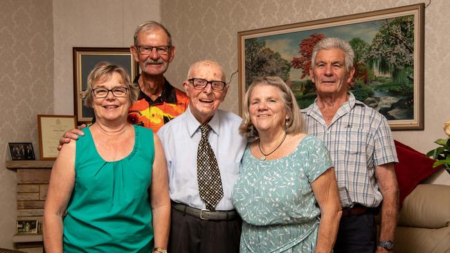 Albert Collins celebrates his 104th birthday with friends Barry and Marion Fearnside and David and Margaret Lane. Picture: Monique Harmer