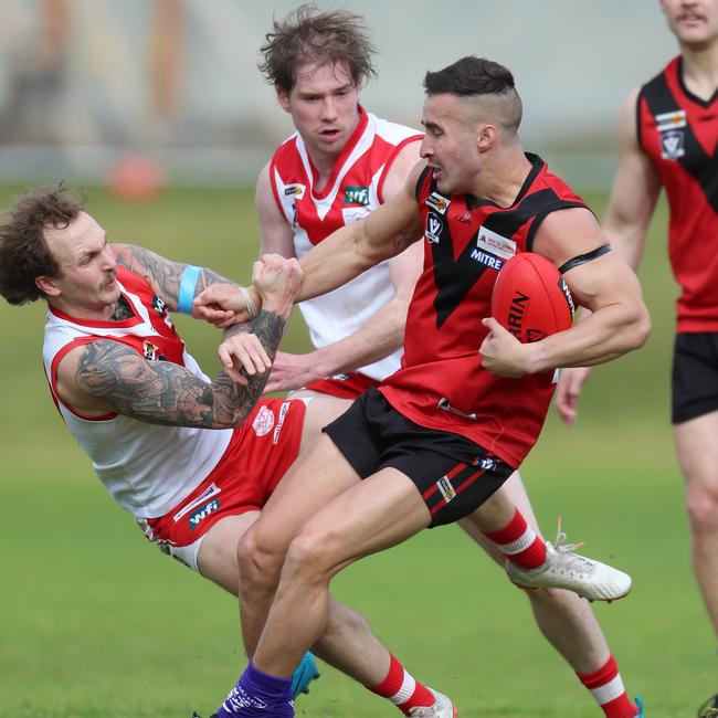 Ararat’s Jake Robinson, left, playing against Stawell this season. Picture: Yuri Kouzmin