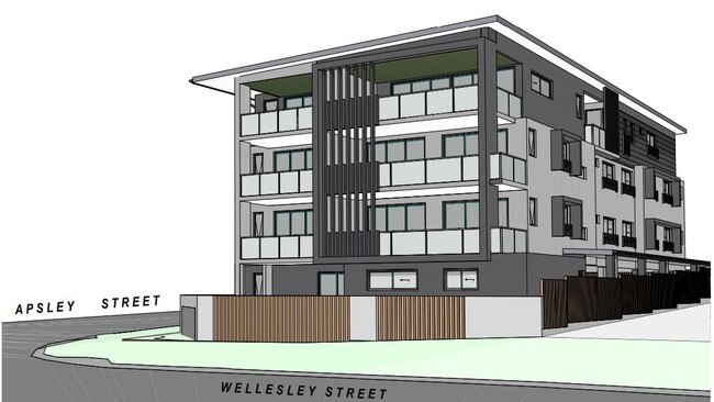 A front perspective of a nine-unit, four-storey apartment building planned for 26 Wellesley St, Wellington Point.