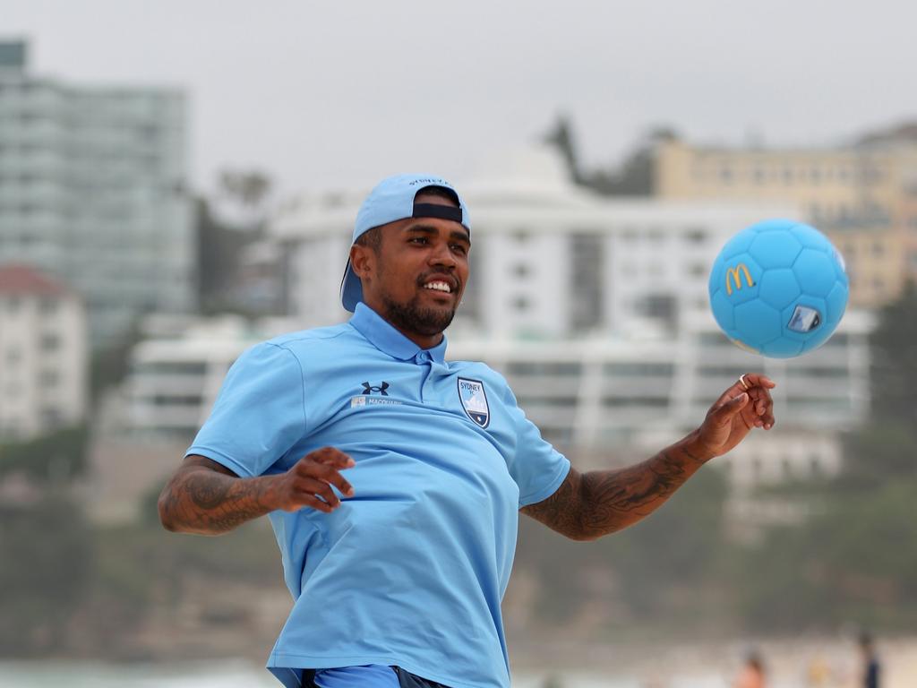 Sydney FC star Douglas Costa shows his skills at Bondi Beach ahead of Saturday night’s derby at Allianz Stadium. Picture: Brendon Thorne/Getty Images