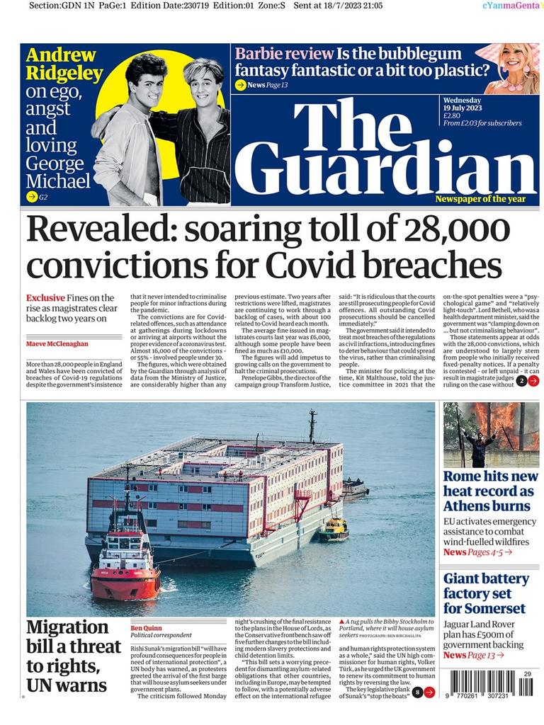 The Guardian UK front page for Wednesday 19 July 2023