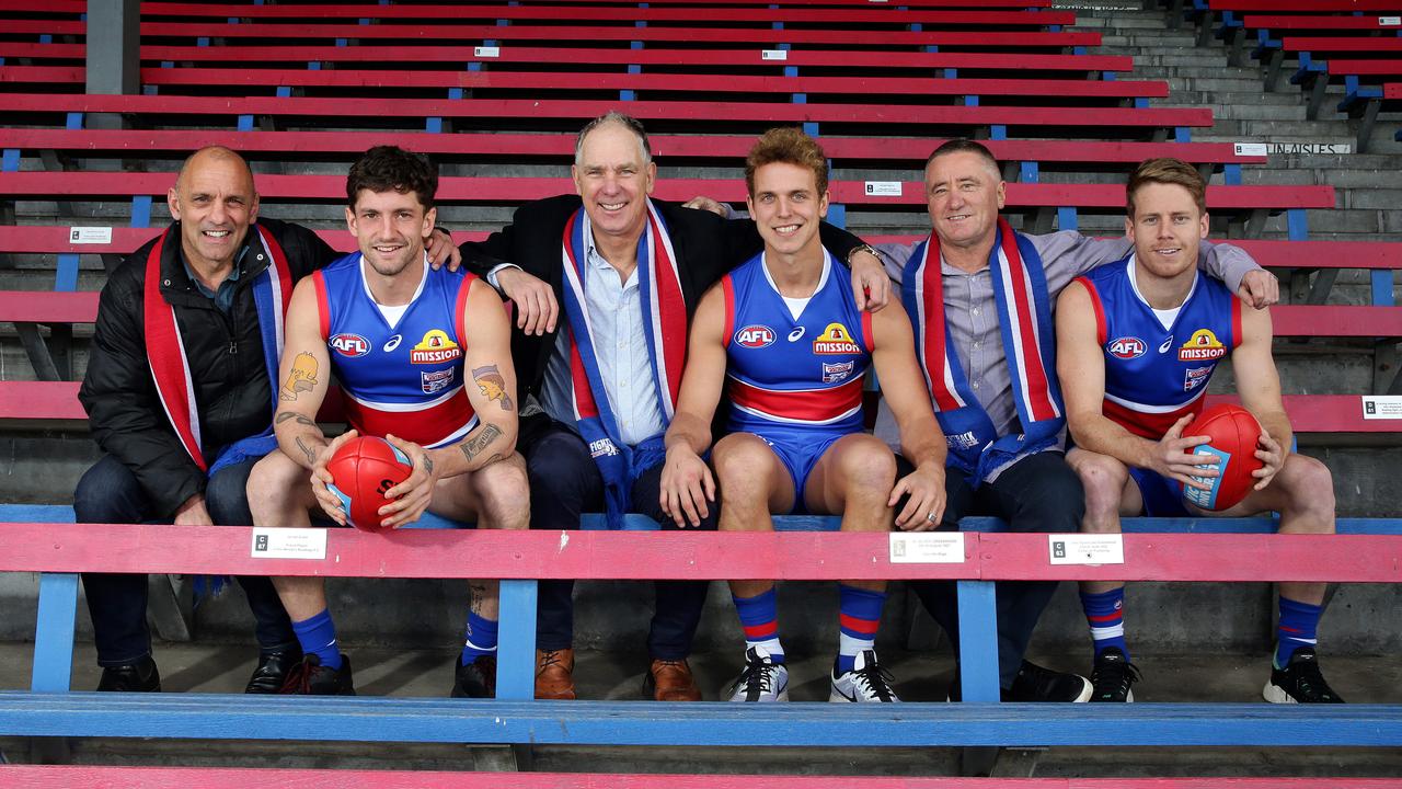 Bulldogs players with their dads to mark the Fightback game: Tom Liberatore, Mitch Wallis and Lachie Hunter with Tony Liberatore, Steve Wallis and Mark Hunter. Picture Andrew Tauber
