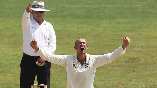 CHITTAGONG, BANGLADESH — SEPTEMBER 04: Ashton Agar of Australia celebrates after taking the wicket of Shakib Al Hasan of Bangladesh during day one of the Second Test match between Bangladesh and Australia at Zahur Ahmed Chowdhury Stadium on September 4, 2017 in Chittagong, Bangladesh. (Photo by Robert Cianflone/Getty Images)