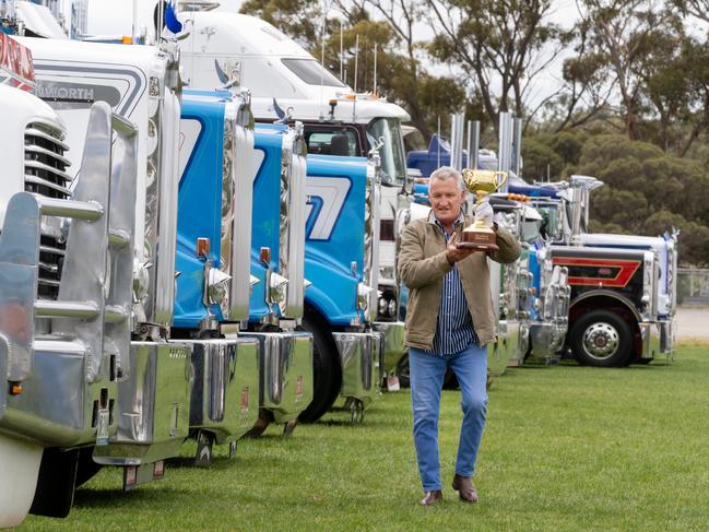 Boort, VIC: Horsepower unites as Melbourne Cup-winning jockey, Greg Hall, takes The Cup on a tour of the town’s Agriculture and Truck Show. Picture: Jay Town