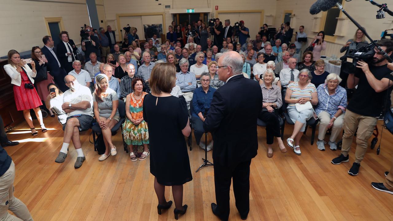 Prime Minister Scott Morrison joins local MP Sarah Henderson at a public forum with people from her Corangamite electorate during the last federal election campaign in 2019. Picture: Gary Ramage