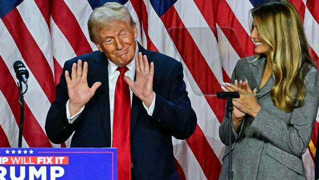 Donald Trump gestures after speaking during an election night event at the West Palm Beach Convention Center. Picture: AFP