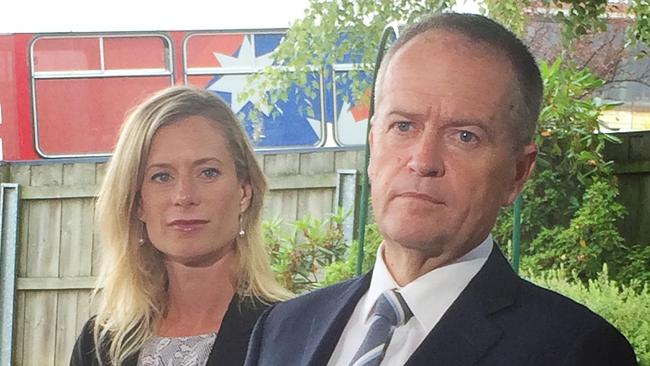 Bill Shorten with Tasmanian Labor leader Rebecca White today, campaigning before tomorrow’s state election. Picture: Helen Kempton