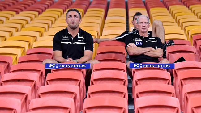 Sam Burgess (left) and Wayne Bennett at Suncorp Stadium. Picture: AAP