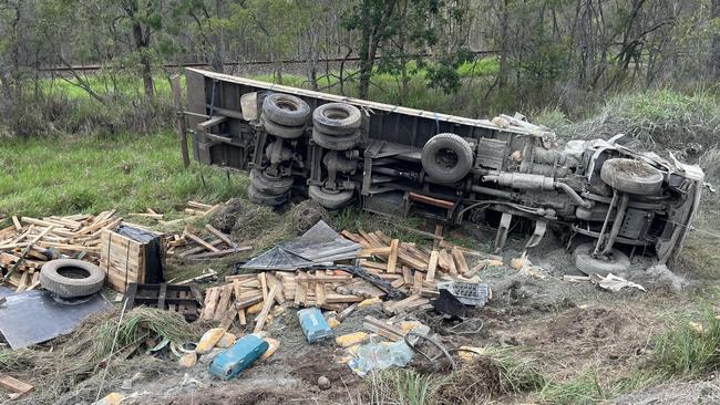 A truck driver has died following a horror rollover on the Bruce Highway at Clairview on Monday, November 27, 2023. Picture: Zoe Devenport