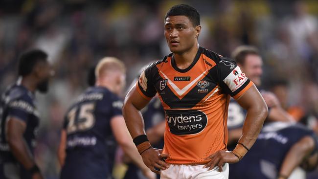 Stefano Utoikamanu can leave the Wests Tigers if the club fails to make the finals in 2024. Picture: NRL Photos