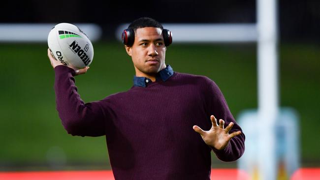 Taniela Paseka throws a ball around before the Sea Eagles v Penrith Panthers match. Picture: Gregg Porteous