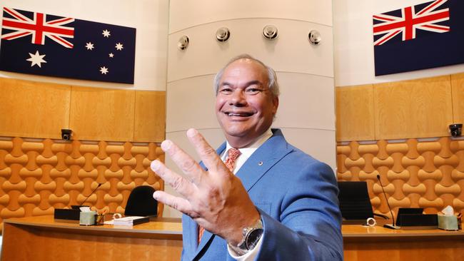 Tom Tate in the Gold Coast City Council Chambers happy about a fourth term and four more years as Mayor. Picture Glenn Hampson