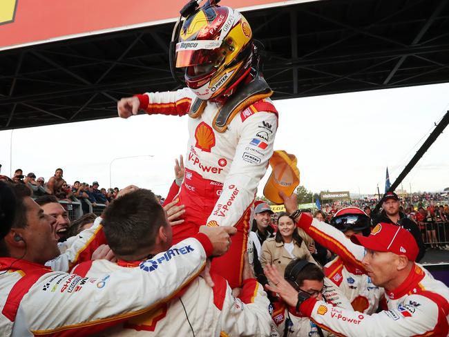 2019 Supercheap Auto Bathurst 1000, Virgin Australia Supercars Championship. #17 Shell V-Power Racing Scott McLaughlin, Alex Premat, Ford Mustang GT celebrate winning the race. Picture Rohan Kelly