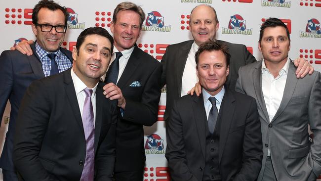 The Footy Show former cast: Damian Barrett, Garry Lyon, Sam Newman, Billy Brownless, James Brayshaw and Shane Crawford. Picture: Julie Kiriacoudis